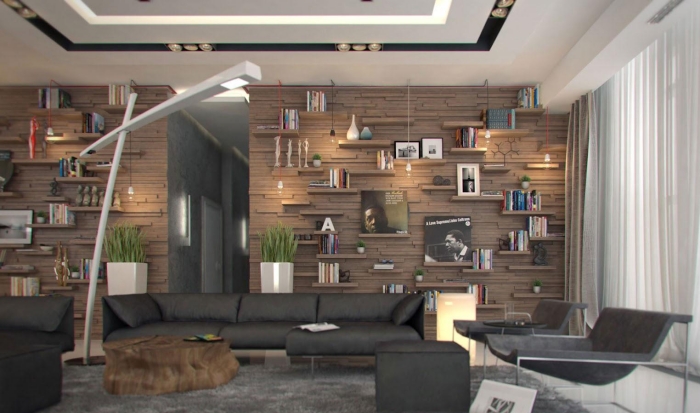 salon en cuir moderne canapé-noir-revêtement-mural-bois