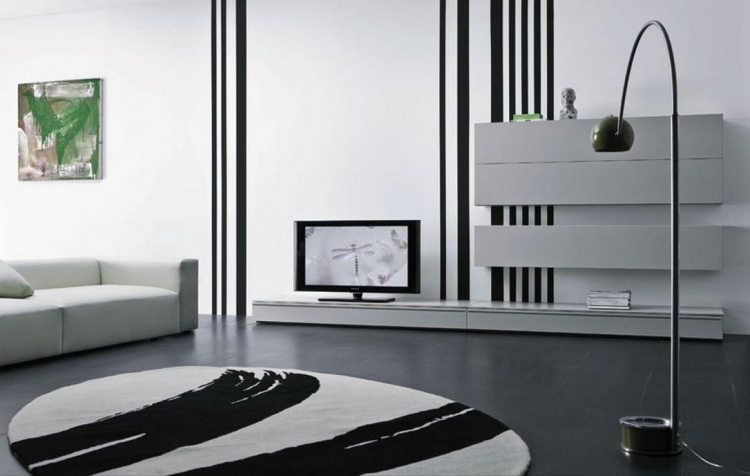 salon-noir-blanc-canapé-meuble-tv-blanc