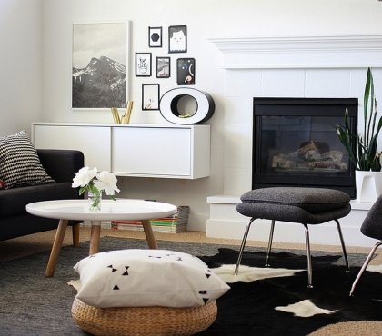 salon noir et blanc contemporain décoré de style scandinave