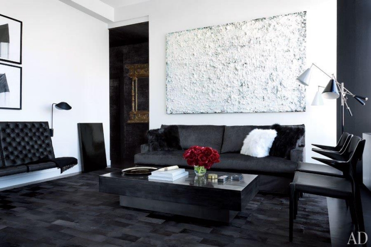 salon-noir-blanc-déco-murale-mobilier-tapis-noir-déco salon noir et blanc