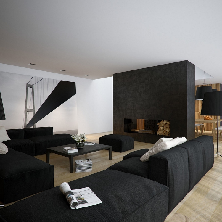 salon noir et blanc de design moderne cheminée rangement bois de chauffage
