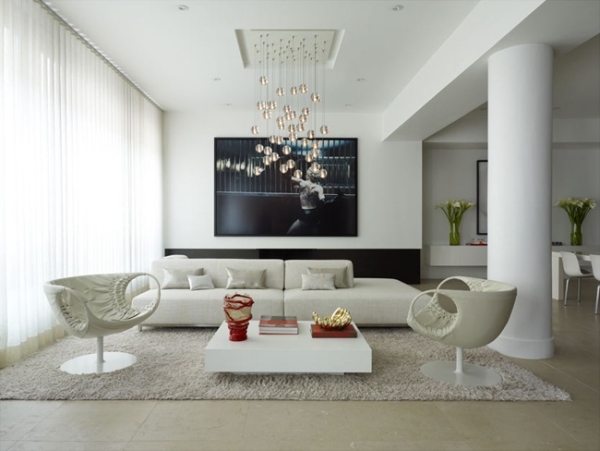 salon-style-minimaliste-mobilier-blanc-suspension-boules-verre salon style minimaliste