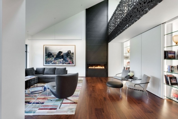 salon-style-minimaliste-sol-bois-cheminée-tapis salon style minimaliste