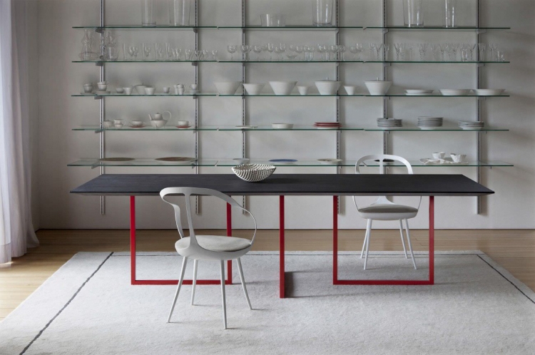 table-manger-moderne-bois-métal-pieds-rouges table à manger moderne