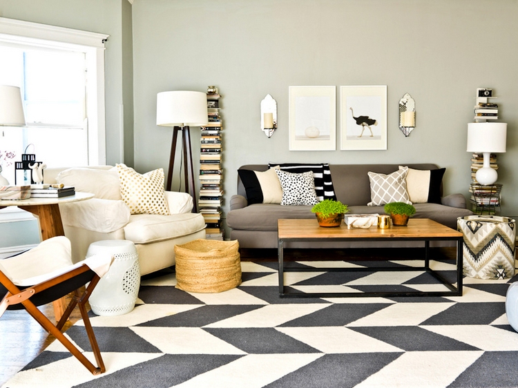 tapis de salon moderne noir et blanc motifs géométriques