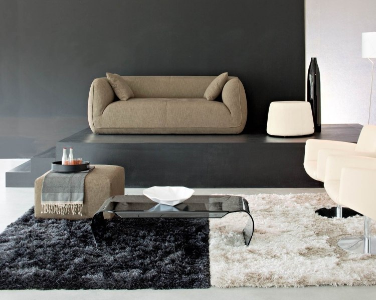 tapis-sol-noir-blanc-shaggy-canapé-beige