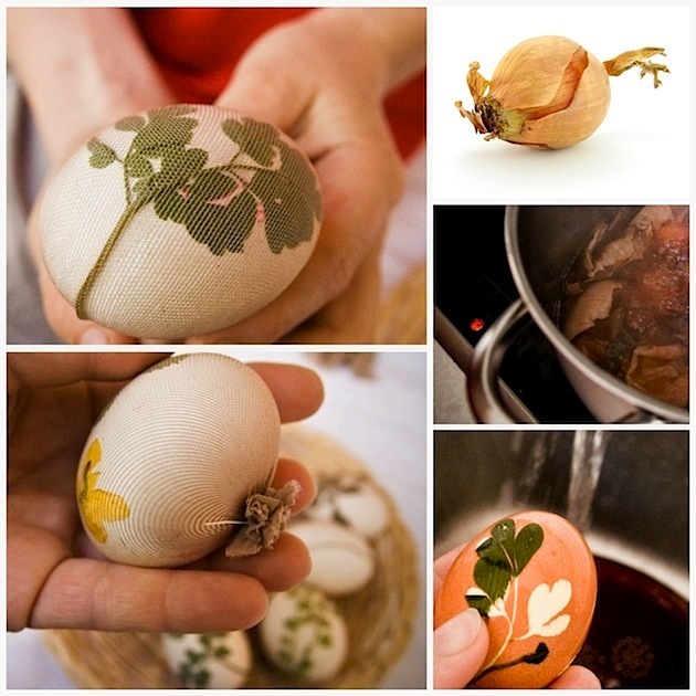 œufs de Pâques décorés feuilles-bas-pelure-oignons