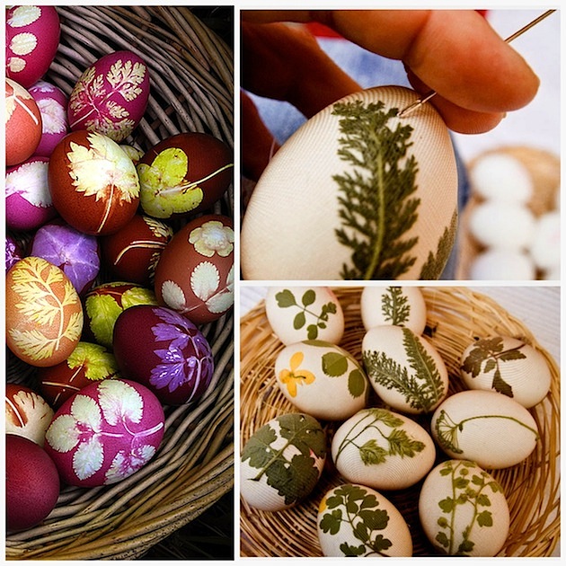œufs de Pâques décorés feuilles-fleurs-naturelles