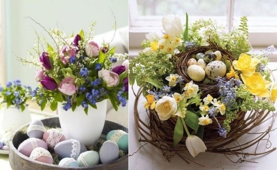 œufs-Pâques-décorés-fleurs-printanières-nid