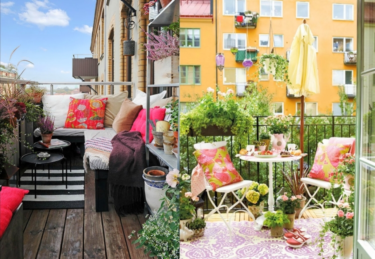 Idées déco balcon-style-boho-chic-coussins-multicolores-table-chaises