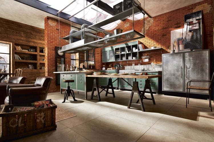 atelier loft cuisine mobilier métal bois murs briques