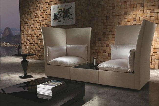 canapé de salon design 2 places table-intégrée-tissu-ivoire