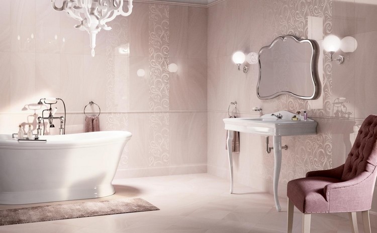 carrelage de salle de bains -rose-pale-motifs-arabesques-delicates