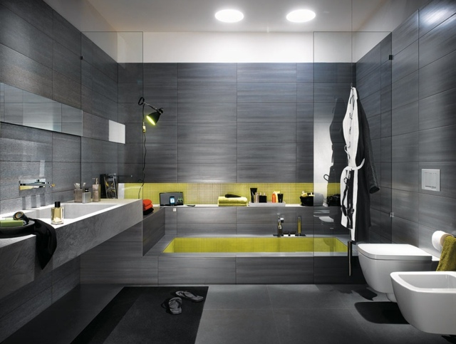 carrelage-salle-bain-noir-mat-mosaique-jaune carrelage de salle de bains