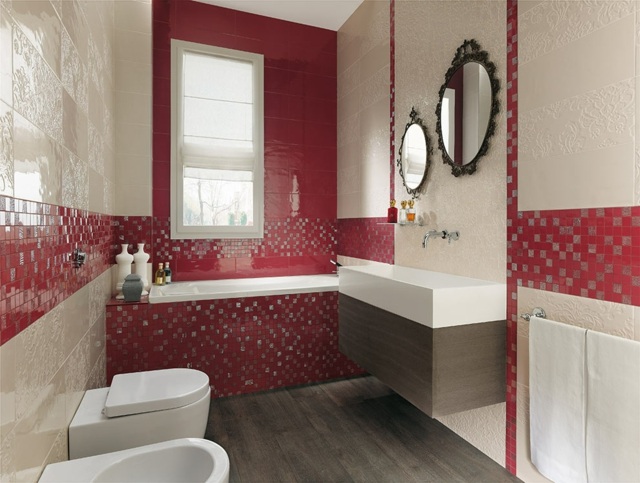 carrelage-salle-bain-rouge-beige-clair-mosaique carrelage de salle de bains