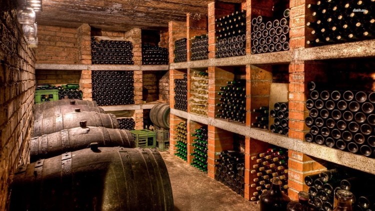 cave à vins -murs-brique-supports-bouteilles-briques