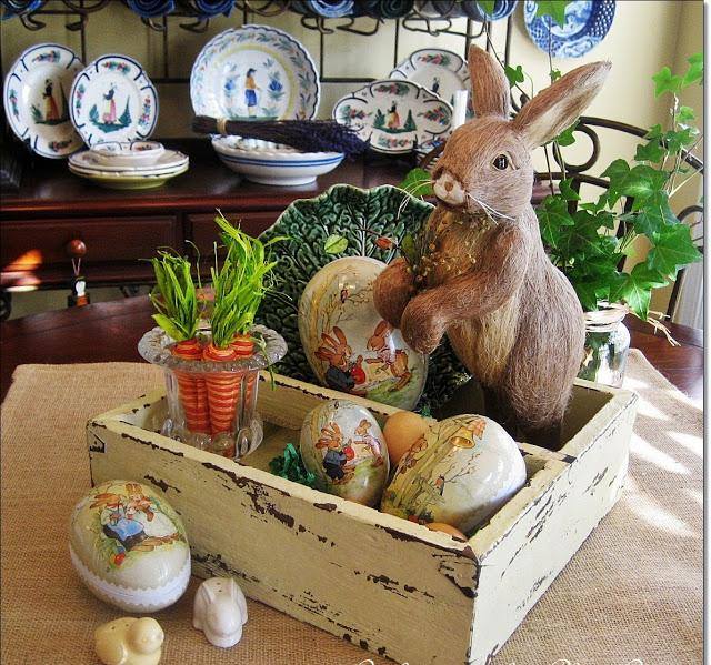 décoration-de-Pâques-theme-rustique-lapin-figuirine-oeufs