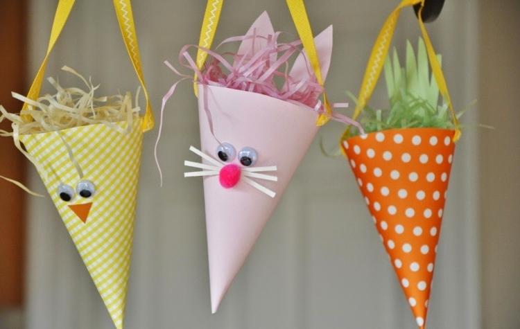 décoration-de-Paques-cones-DIY-papier-poussin-lapin