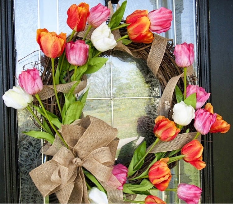 décoration-printemps-fleurs-tulipes-ruban-jute décoration printemps