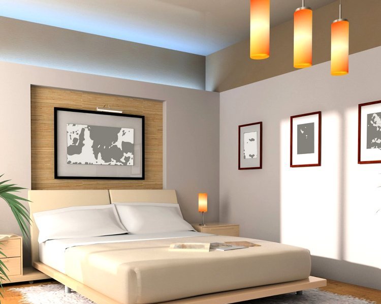 feng-shui-chambre-lit-bas-beige-luminaires-peintures-cadres-décoratifs