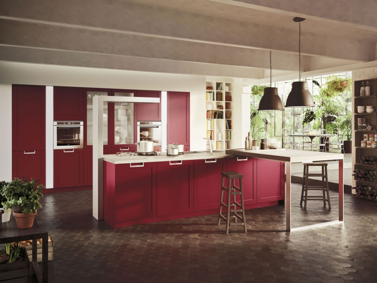 idée de cuisine moderne couleur-rouge-lampe-plafond