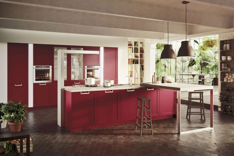 idée-de-cuisine-moderne-couleur-rouge-lampe-plafond