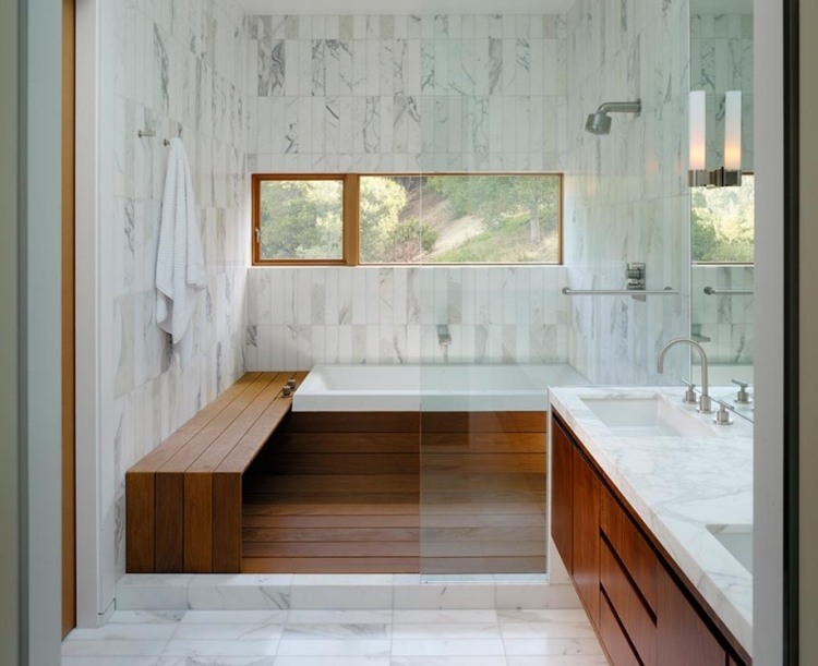 idées-déco-salle-bains-accents-bois-banc-sol-surface-armoires