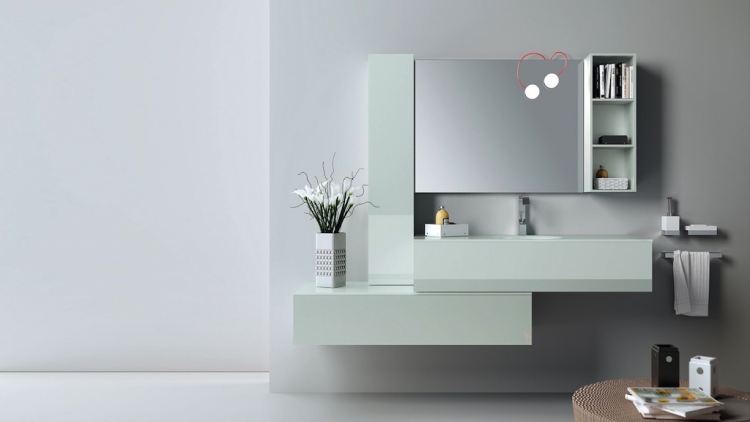 meuble-salle-bain-Scavolini-blanc-miroir-fleurs meuble salle de bain