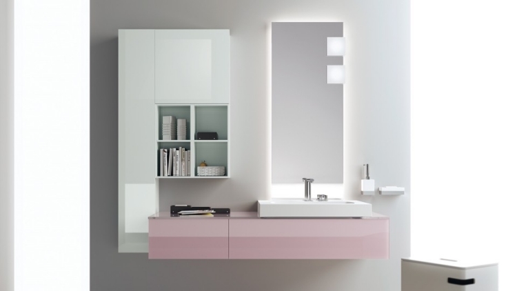 meuble-salle-bain-rose-pâle-miroir-LED meuble salle de bain