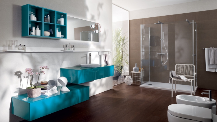 meuble-salle-bain-turquoise-Scavolini-cabine-douche meuble salle de bain