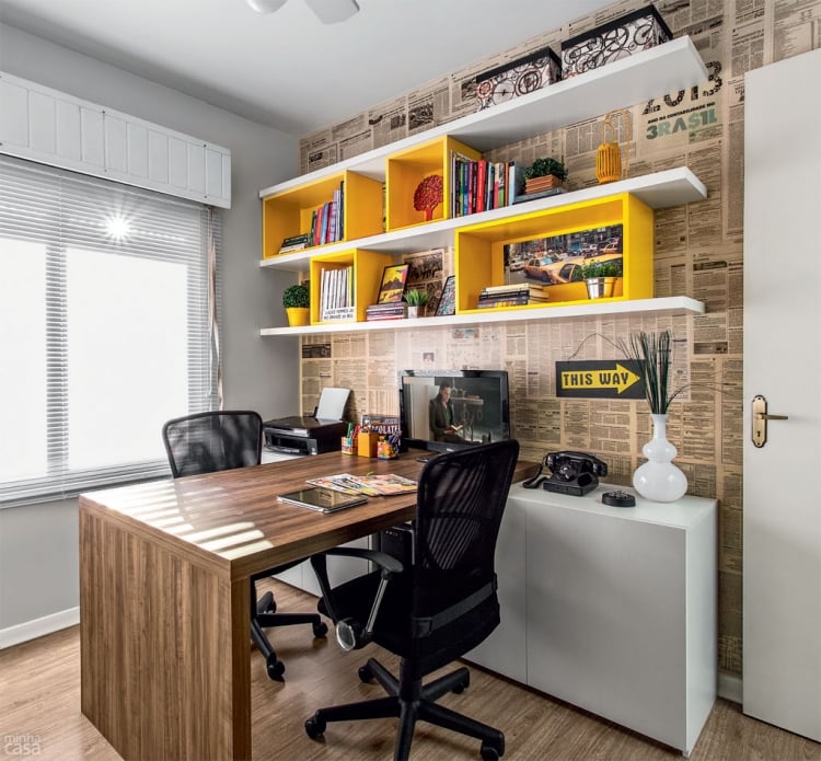meubles de bureau maison-bois-blanc-jaune