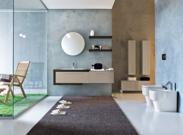 meubles salle de bains beige marron-miroir-rond-murs-gris