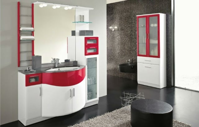 meubles salle de bains rouge-blanc-mosaique-foncée
