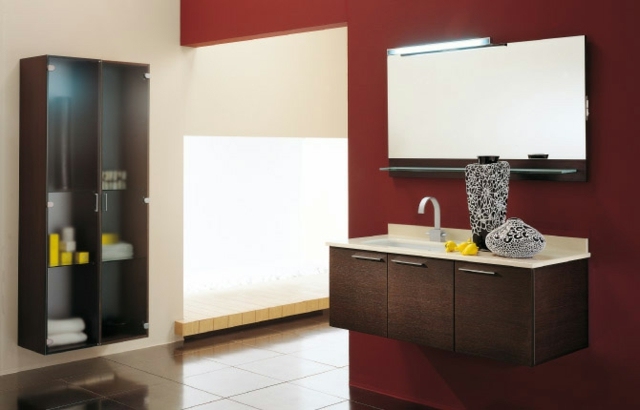meubles salle de bains suspendus bois-verre-miroir