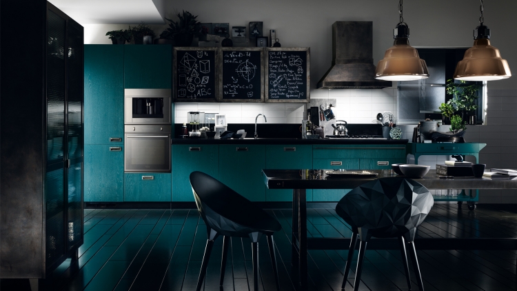 modèle-cuisine-armoires-vertes-chaises-table-noires