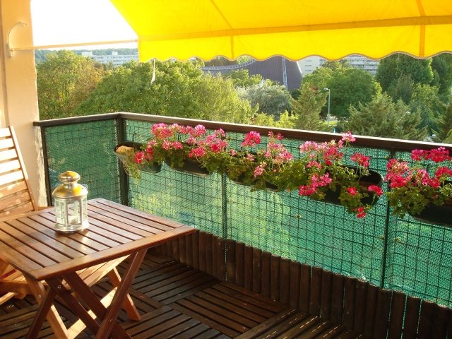 plantes-balcon-géraniums-roses-auvent-jaune plantes balcon