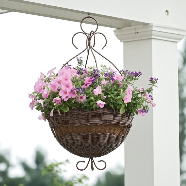 pot-fleurs-suspendu-pétunias-rose-pâle pot de fleurs suspendu