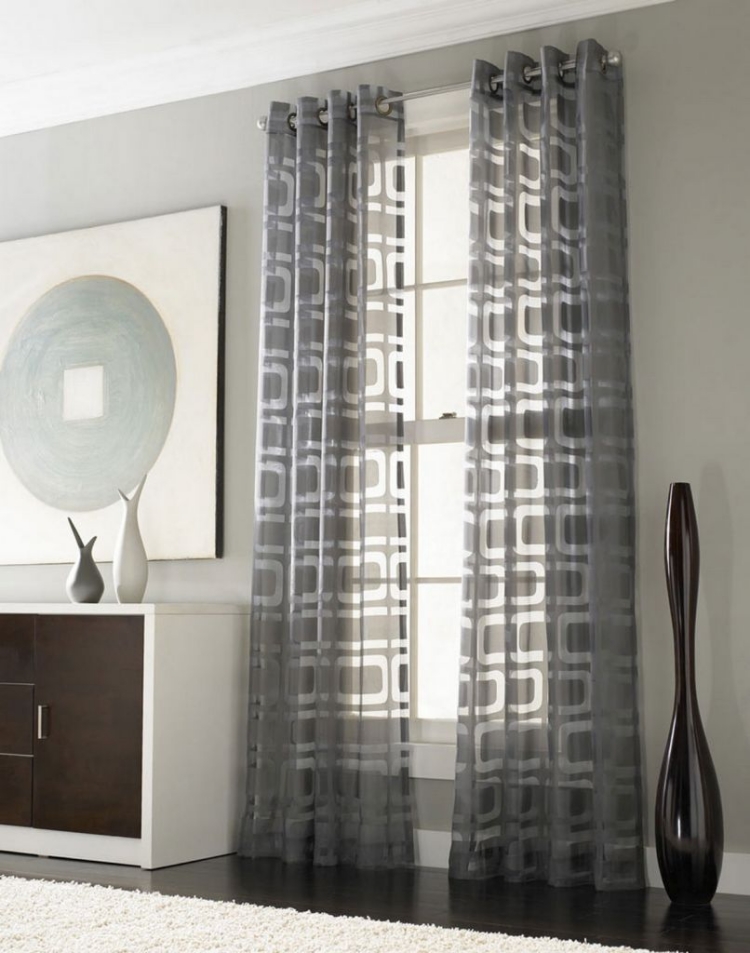 rideaux de salon fins semi-transparents motifs gris
