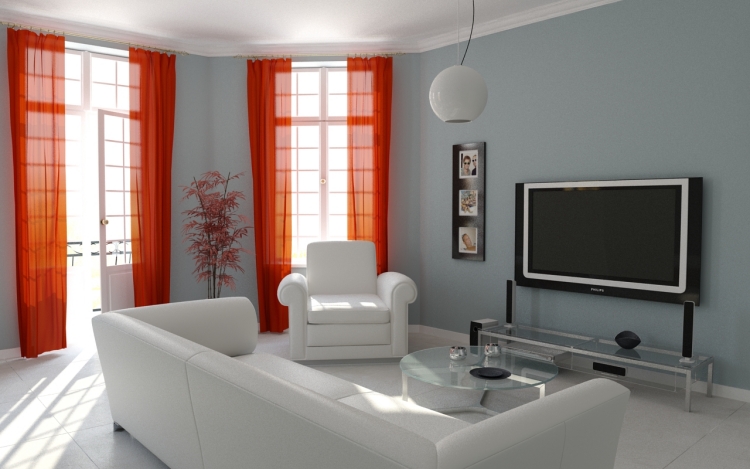 salon minimaliste blanc bleu gris rideaux oranges