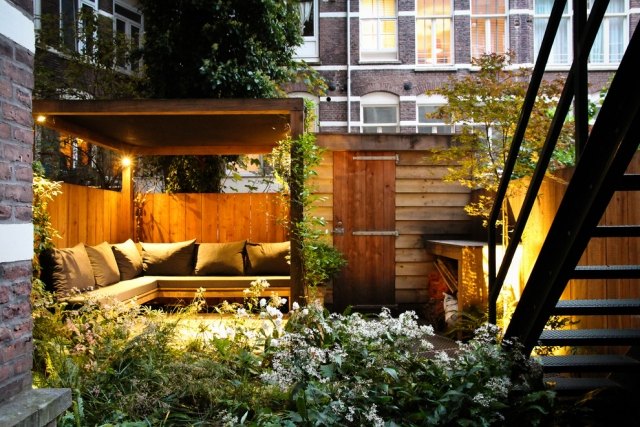 aménagement de terrasse banc-jardin-éclairage-doux