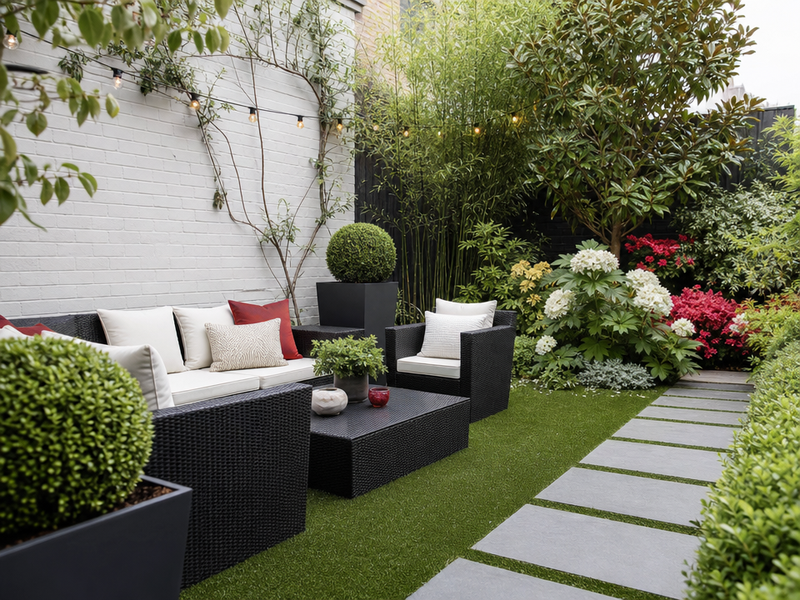 amenagement-exterieur-coin-détente-buissons-arbres-bas
