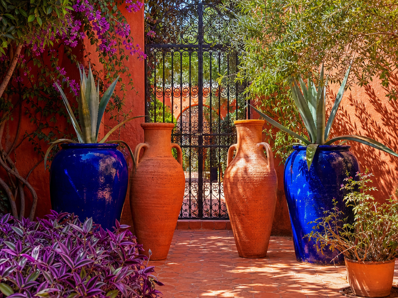 amenagement-exterieur-vases-orange-bleu-plantes aménagement extérieur