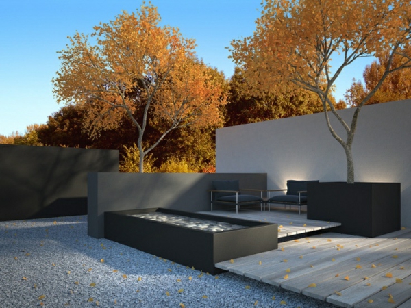 amenagement-jardin-moderne-arbres-mobilier-noir-élégant