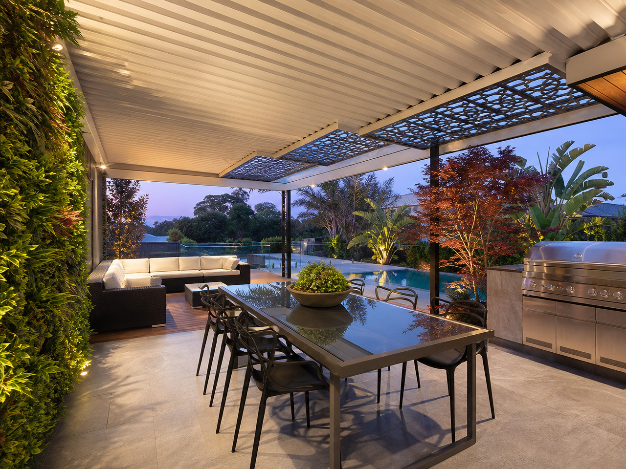 Terrasse en bois moderne avec pergola et coin salon de jardin