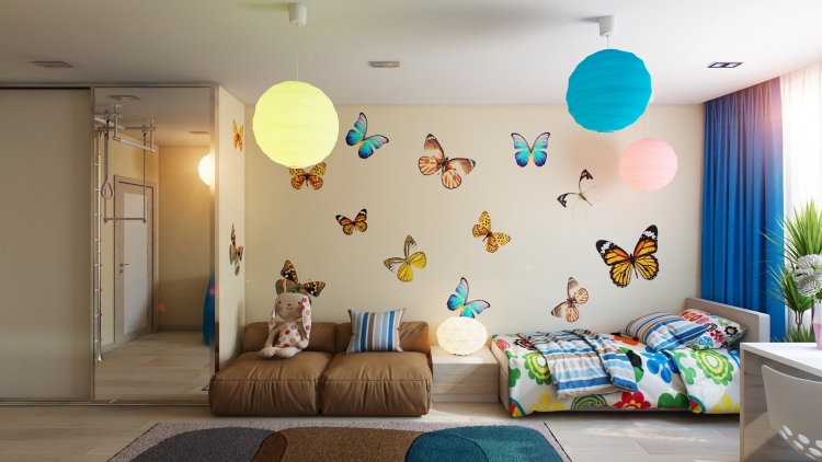 aménagement chambre enfant  deco-murale-papillons-lit