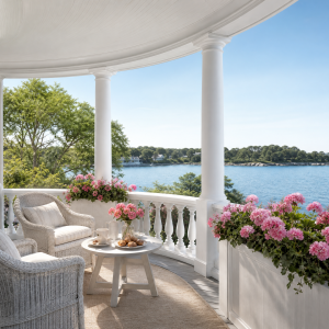 Bacs à fleurs blancs en bois sur véranda côtière avec vue mer et géraniums roses