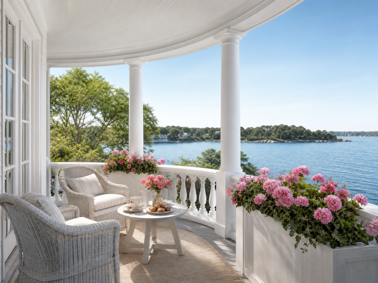 Bacs à fleurs blancs en bois sur véranda côtière avec vue mer et géraniums roses