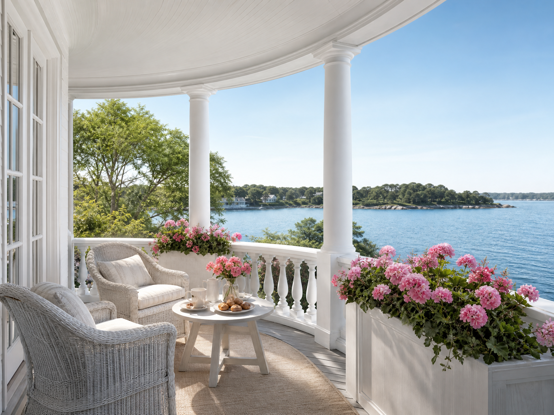 Bacs à fleurs blancs en bois sur véranda côtière avec vue mer et géraniums roses