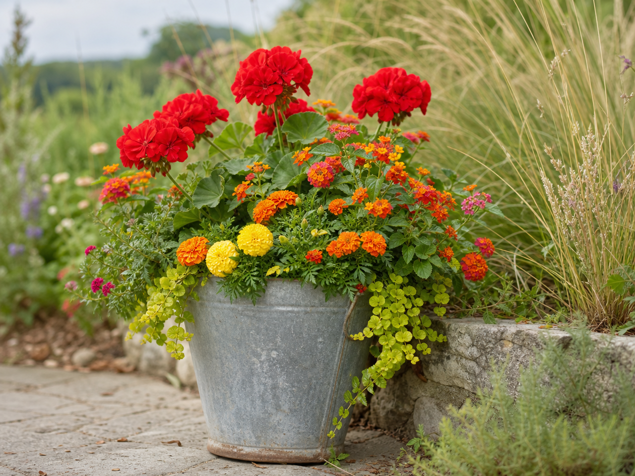 bacs-fleurs-cache-pot-seau-fleurs-rouge-jaune bacs à fleurs