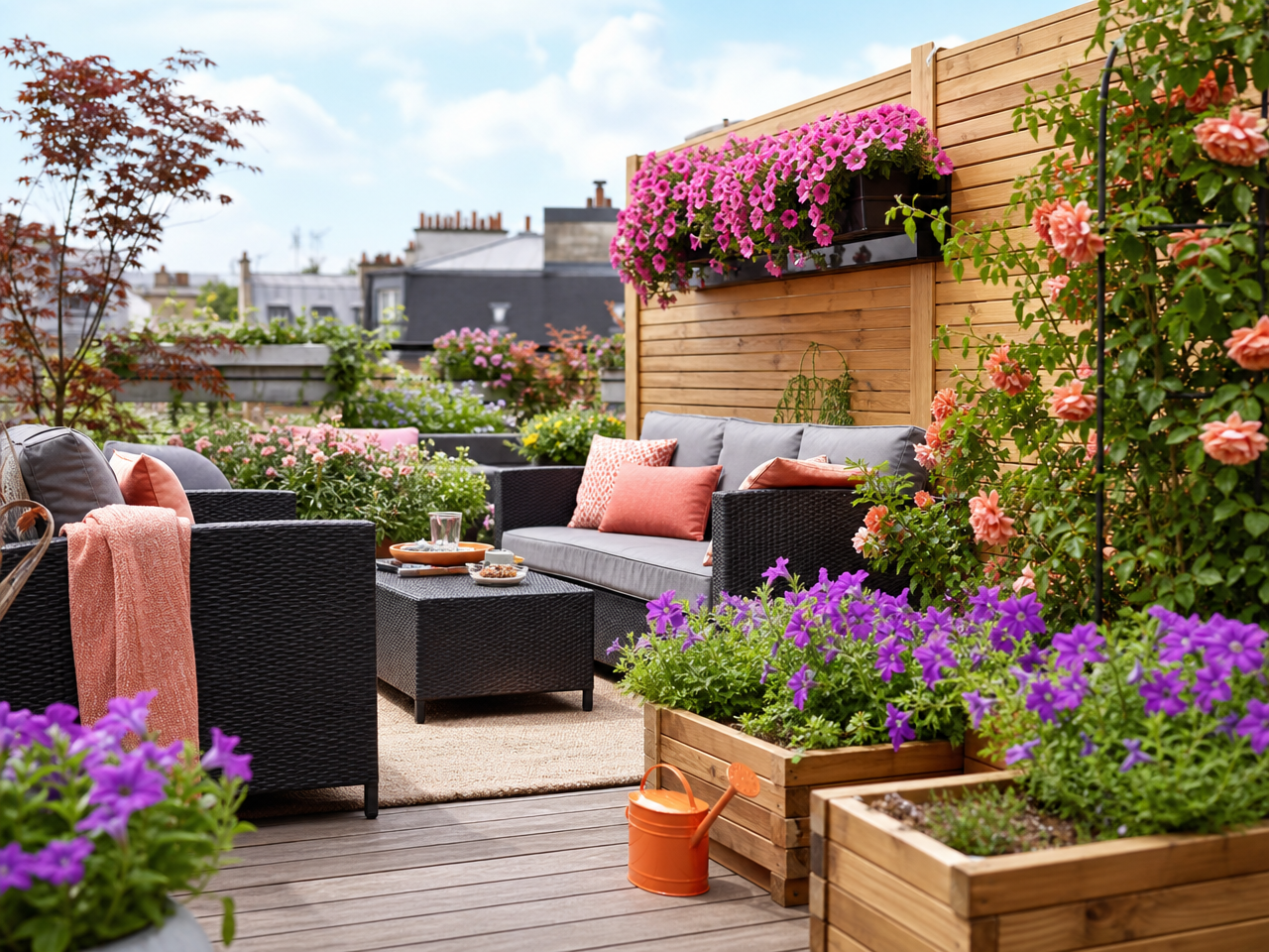 bacs-fleurs-pétunias-multicolores-mobilier-rotin 